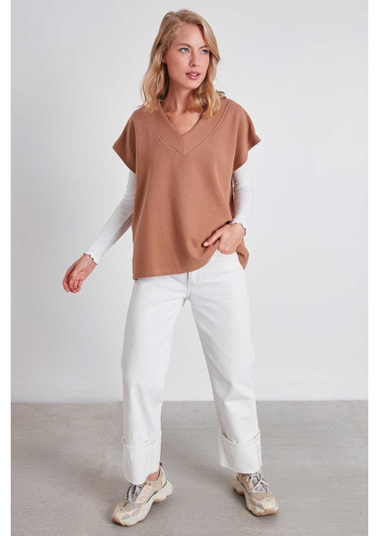 V Yaka Düşük Kol Örme Sweat fiyatları