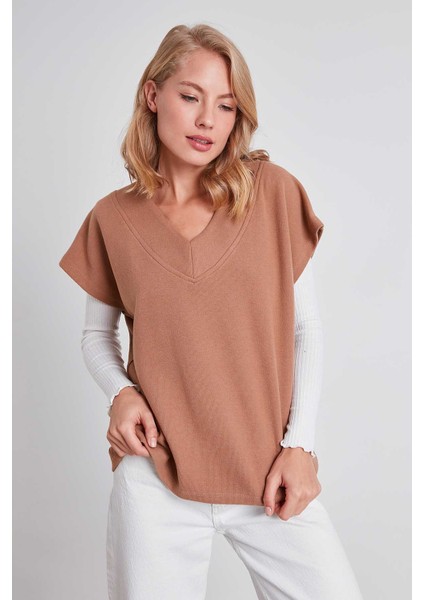 V Yaka Düşük Kol Örme Sweat fırsatları