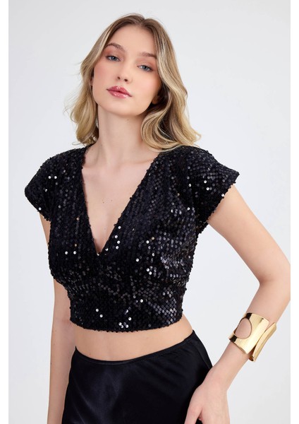 V Yaka Pullu Crop Bluz fiyatları