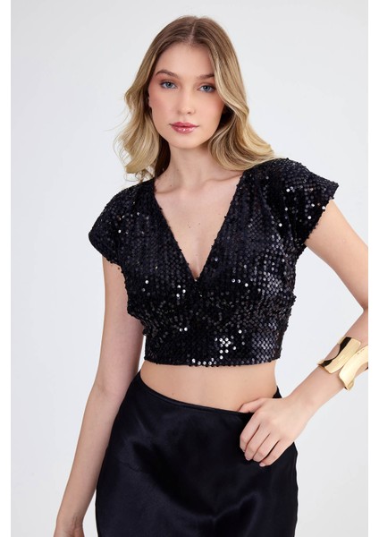 V Yaka Pullu Crop Bluz modelleri