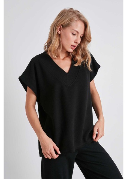 V Yaka Düşük Kol Örme Sweat