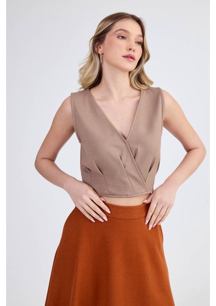 Sıfır Kol V Yaka Crop Modal Bluz