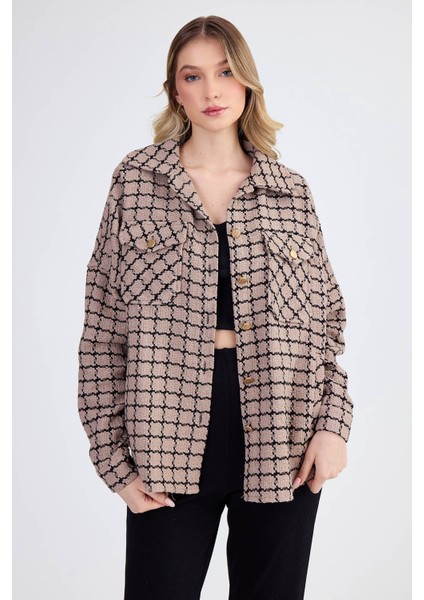 Kapak Cepli Desenli Oversize Gömlek