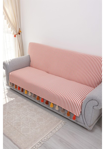 Renkli Püsküllü Çizgili Koltuk Örtüsü 180x210 cm