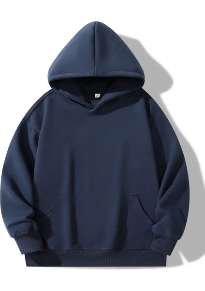 Lacivert Renkli Kapüşonlu Kanguru Cepli Oversize Sweatshirt