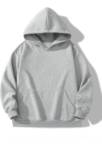 Gri Renkli Kapüşonlu Kanguru Cepli Oversize Sweatshirt