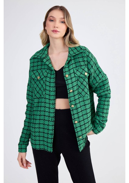 Kapak Cepli Desenli Oversize Gömlek