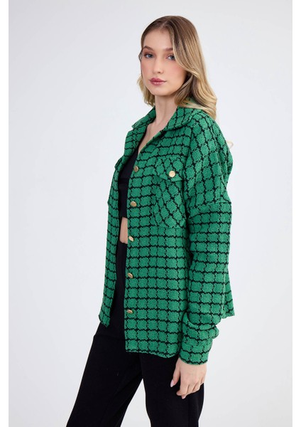 Kapak Cepli Desenli Oversize Gömlek
