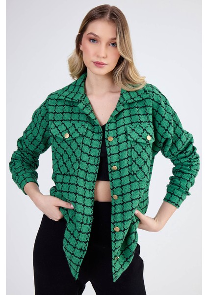 Kapak Cepli Desenli Oversize Gömlek