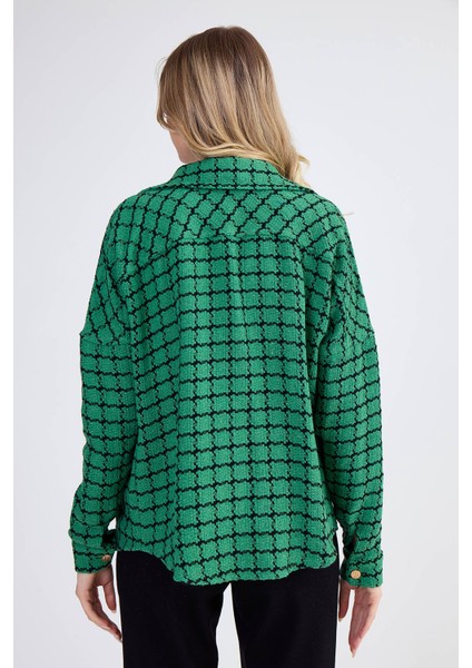Kapak Cepli Desenli Oversize Gömlek