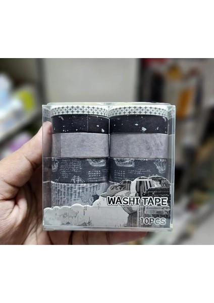 Vintage Washi Tape Bant Siyah Beyaz Yapışkanlı Maskeleme Kağıdı Desenli Bant 10 Lu -Eski Bina Harita fiyatları