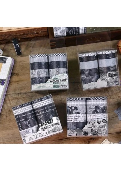 Vintage Washi Tape Bant Siyah Beyaz Yapışkanlı Maskeleme Kağıdı Desenli Bant 10 Lu -Eski Bina Harita modelleri