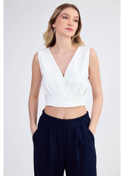 Sıfır Kol V Yaka Crop Modal Bluz