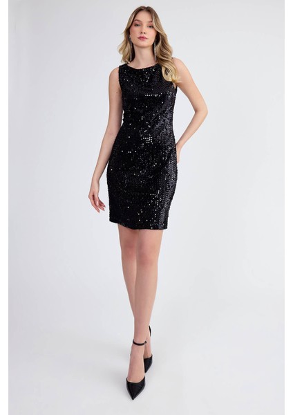 Sıfır Kol Pul Payet Elbise