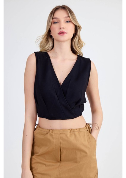 Sıfır Kol V Yaka Crop Modal Bluz