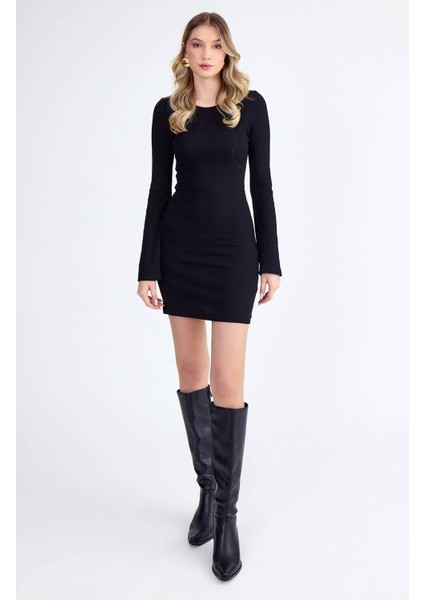 Yuvarlak Yaka Uzun Kol Fitilli Triko Elbise