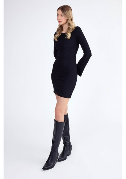 Yuvarlak Yaka Uzun Kol Fitilli Triko Elbise fiyatları