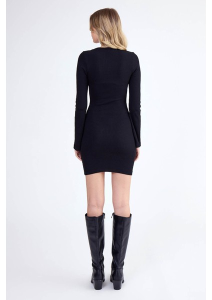 Yuvarlak Yaka Uzun Kol Fitilli Triko Elbise fırsatları