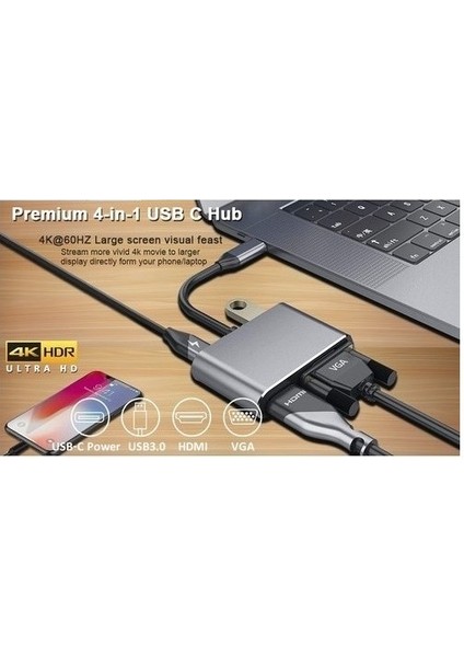 CF02 Macbook Uyumlu Type-C™ To 4K Ultra Hd 1080P Hdmı/ Vga/ Pd Şarj/ USB 3.0 4ın1 Çevirici Hub Adaptör