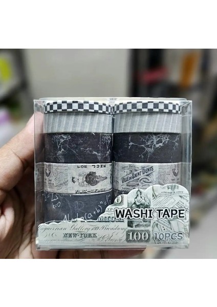 Vintage Washi Tape Bant Siyah Beyaz Yapışkanlı Maskeleme Kağıdı Desenli Bant 10 Lu -Formül Para fiyatları