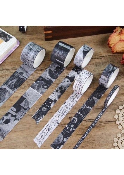 Vintage Washi Tape Bant Siyah Beyaz Yapışkanlı Maskeleme Kağıdı Desenli Bant 10 Lu -Formül Para indirimleri