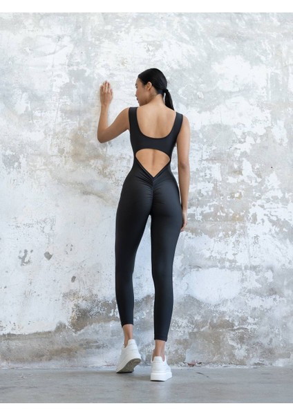 Siyah Arkası Büzgülü ( Scrunch Butt ) Askılı Spor Tayt Tulum fiyatları
