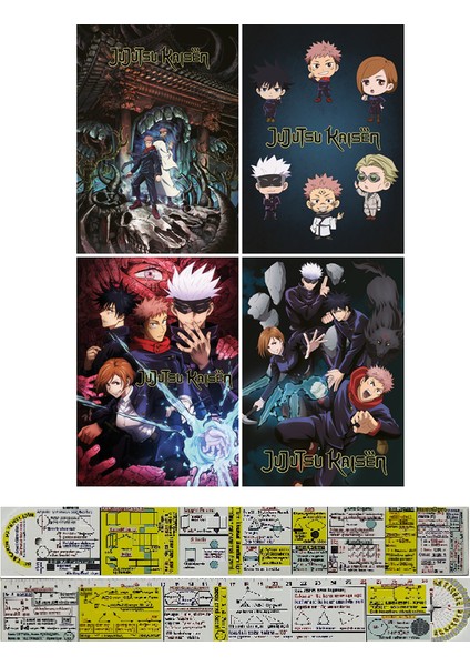Jujutsu Kaisen Orijinal Gerekli Şeyler Not Defteri + Bloknot + Kareli Defter +Çizgili Defter 4'lü Set