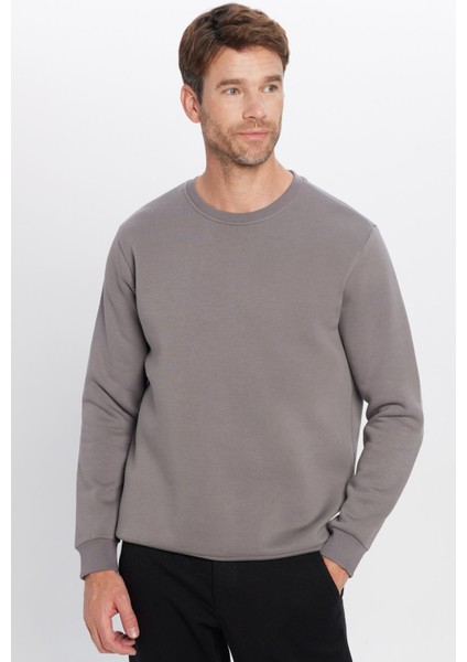 Unisex Relax Fit Rahat Kesim Pamuklu Yumuşak Dokulu Içi Polarlı Basic Gri Bisiklet Yaka Sweatshirt