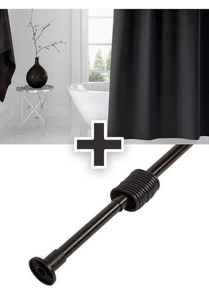 Polyester Kumaş Siyah Banyo Perdesi Siyah Askı Aparatı Hediyeli C-Halkalı Duş Perdesi