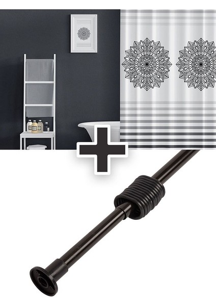 Polyester Kumaş Çizgi Desen Banyo Perdesi Siyah Askı Aparatı Hediyeli C-Halkalı Duş Perdesi