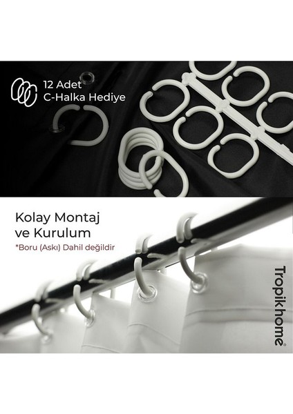 Polyester Kumaş Çizgi Desen Banyo Perdesi Siyah Askı Aparatı Hediyeli C-Halkalı Duş Perdesi fiyatları