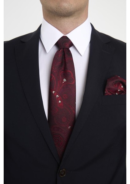 Bordo Beyaz Şal Motif Desen Kravat Mendil Set