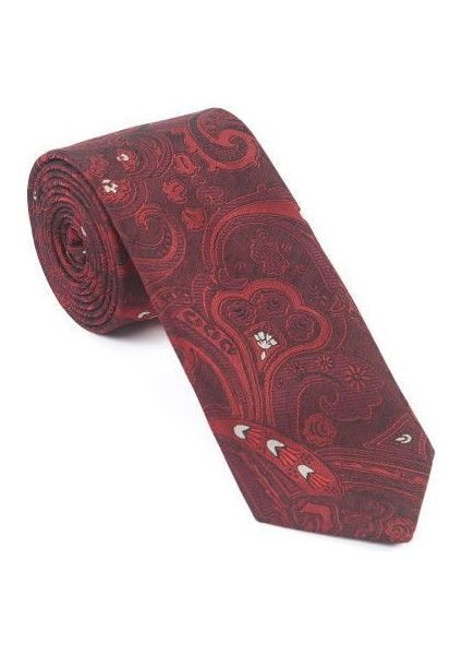Bordo Beyaz Şal Motif Desen Kravat Mendil Set