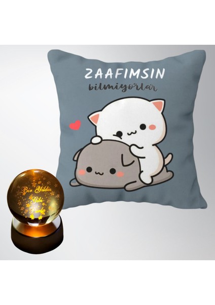 Zaafımsın Bilmiyorlar Puf Yastık & Bir Yıldız Gibi Parla Renk Değiştiren Işıklı Kristal Küre