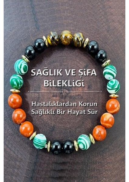 Sertifikalı Doğal Taş Sağlık Bilekliği 8 mm ( Malahit - Jasper - Kaplan Gözü - Akik )