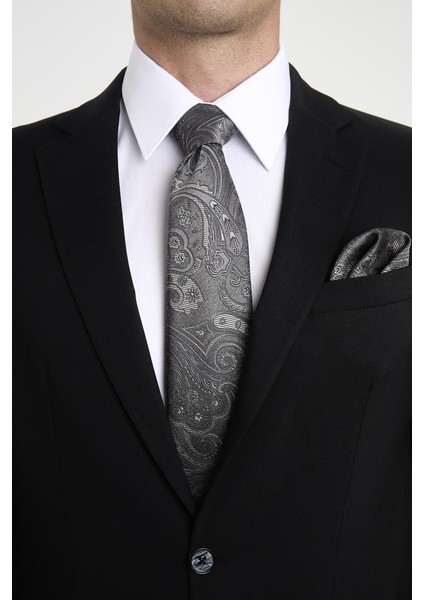 Gri Şal Motif Desen Kravat Mendil Set