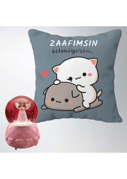 Zaafımsın Bilmiyorlar Puf Yastık & Pembe Peri Işıklı Kar Küresi