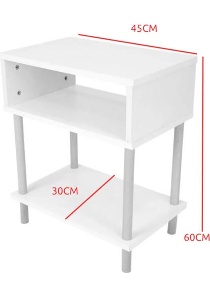 2 Raflı Modern Komodin Yatak Odası Başucu Düzenleyici Ahşap Ayaklı Yan Sehpa-Beyaz
