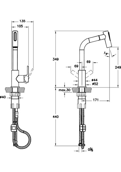 Maestro A42146 Pull-Out Eviye Mutfak Bataryası, Krom