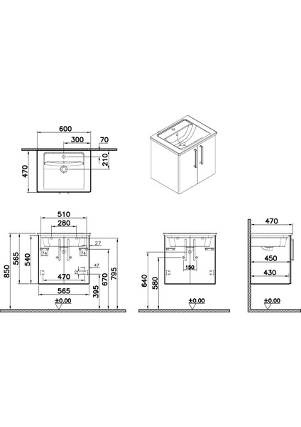 Root Flat 66354 Lavabo Dolabı, Kapaklı, Parlak Beyaz,60 cm