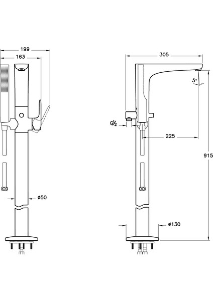 Root A4274136 Round Yerden Küvet Bataryası, El Duşlu, Mat Siyah