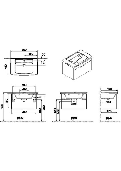 Quadrum 67120 Lavabo Dolabı Çekmeceli, 80 cm, Altın Meşe