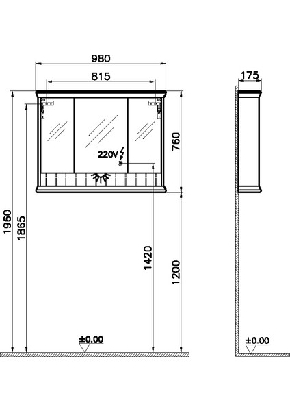 Valarte 62235 Aydınlatmalı Dolaplı Ayna, 100 cm, Mat Gri