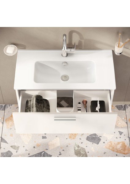 Mia 75024 Banyo Dolabı Seti, Çekmeceli, 80 cm, Parlak Beyaz modelleri