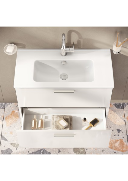 Mia 75024 Banyo Dolabı Seti, Çekmeceli, 80 cm, Parlak Beyaz fırsatları