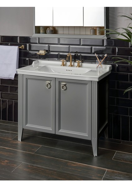 Valarte 62154 Lavabo Dolabı, Kapaklı, Etajerli Lavabolu, Krom Kulplu, 80 cm, Mat Gri modelleri