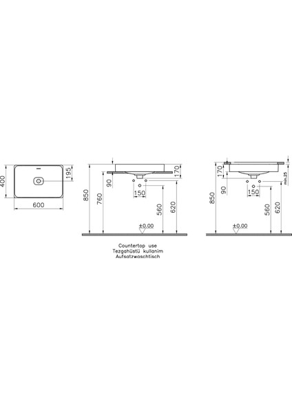 Metropole 7535B083-1398 Dikdörtgen Çanak Lavabo, 60cm, Mat Siyah