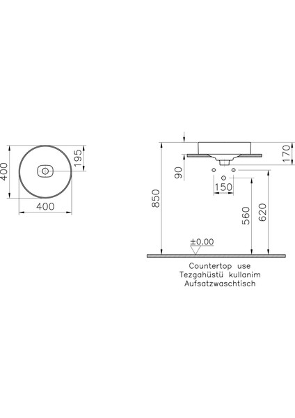 Metropole 7532B076-1398 Çanak Lavabo, 40cm, Mat Taş Gri