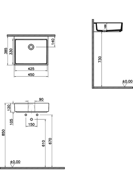 ArchiPlan 7403B076-0016 Lavabo, Kompakt, Mat Taş Gri, 45x38 cm