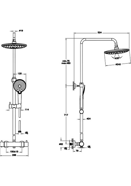 AquaHeat Bliss 240 A4720534 2F Termostatik Duş Sistemi, Fırçalı Nikel